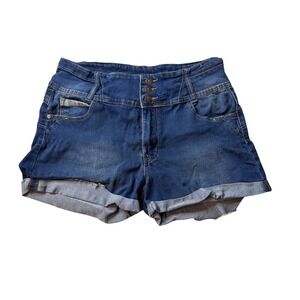 Always Friday Denim Shorts Womens 17 Blue High Waisted Cuffed Triple Button Fly